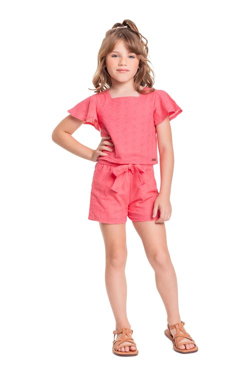 Conjunto Infantil com Cropped e Short em Laise para Menina (Rosa) Quimby