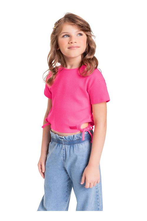 Cropped Infantil em Ribana Canelada para Menina (Rosa) Quimby