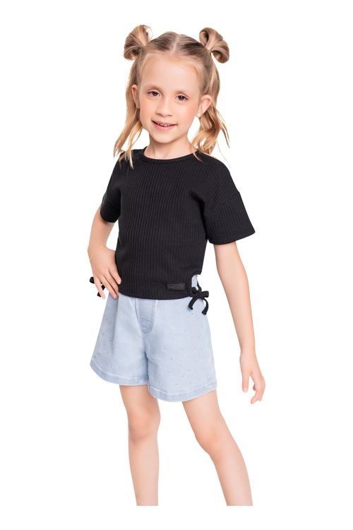 Cropped Infantil em Ribana Canelada para Menina (Preto) Quimby