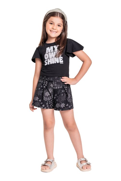 Conjunto Infantil com Cropped e Short para Menina (Preto) Quimby