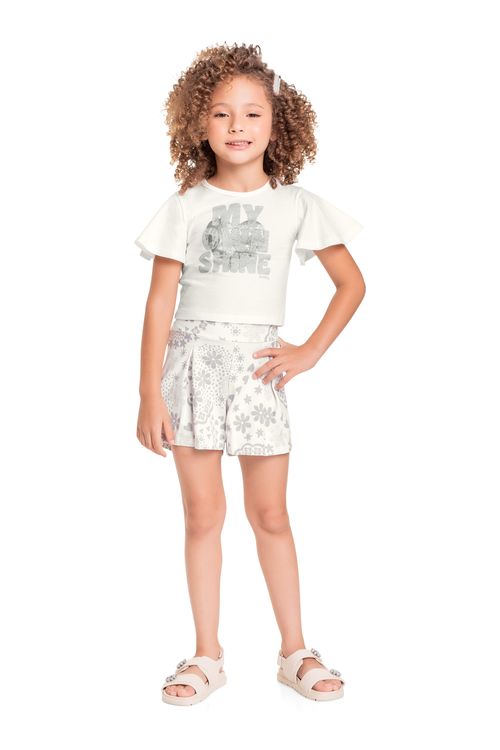 Conjunto Infantil com Cropped e Short para Menina (Off White) Quimby