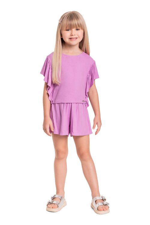 Conjunto Infantil com Cropped e Short em Viscose Sarjada para Menina (Roxo) Quimby