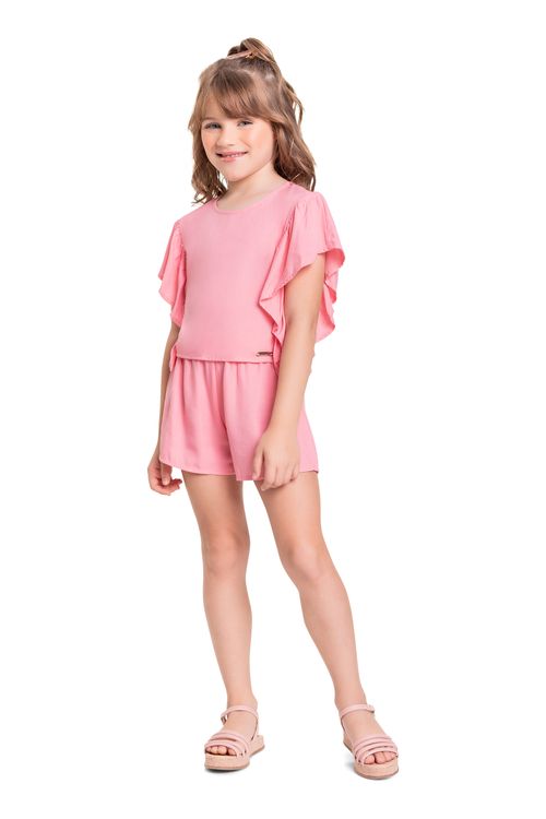 Conjunto Infantil com Cropped e Short em Viscose Sarjada para Menina (Rosa) Quimby