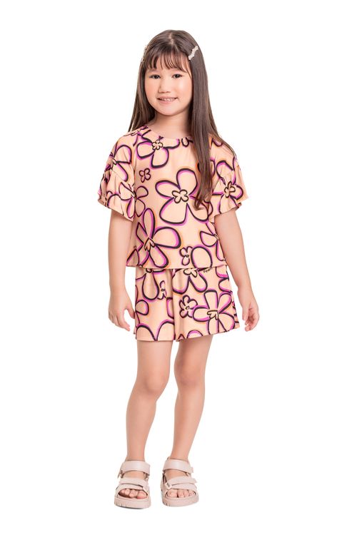 Conjunto Infantil com Bata e Short em Viscose para Menina (Laranja) Quimby