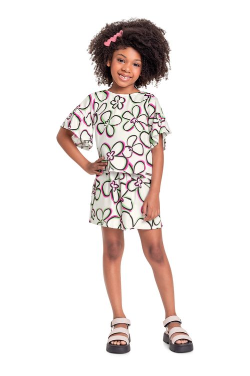 Conjunto Infantil com Bata e Short em Viscose para Menina (Off White) Quimby