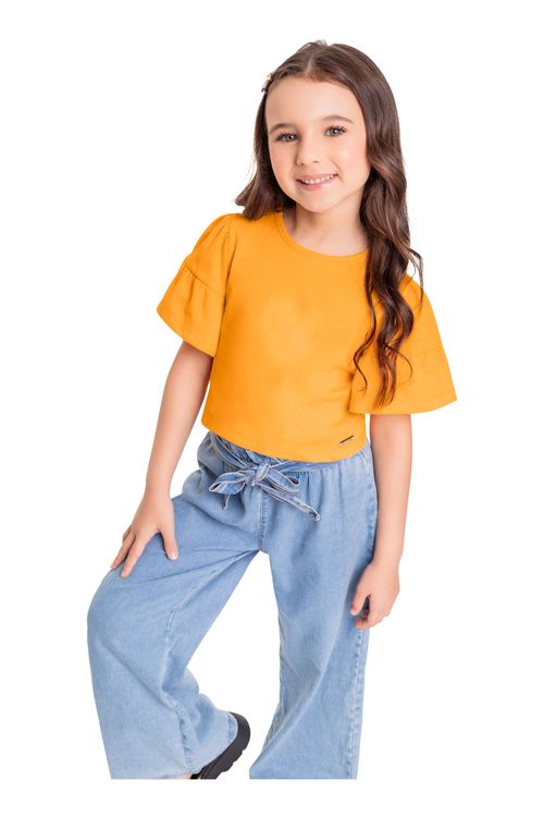 Blusa Cropped Infantil em Meia Malha para Menina (Amarelo) Quimby