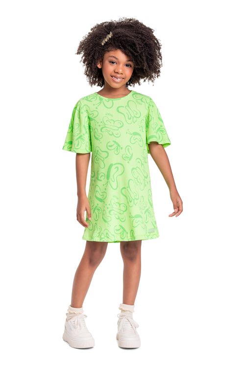 Vestido Infantil em Ribana Canelada para Menina (Verde) Quimby