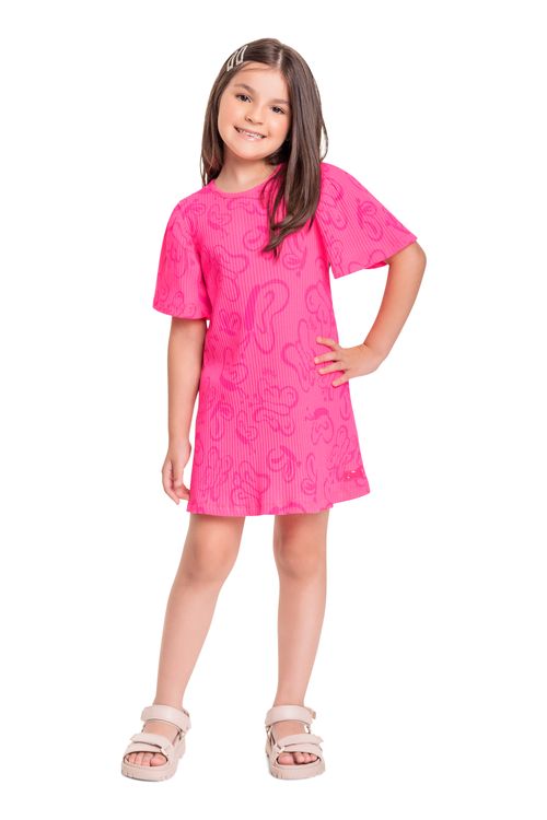 Vestido Infantil em Ribana Canelada para Menina (Rosa) Quimby