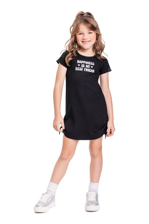 Vestido Infantil em Ribana Canelada para Menina (Preto) Quimby