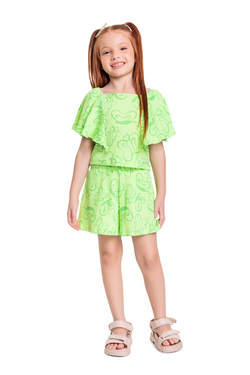 Conjunto Infantil com Cropped e Short em Ribana Canelada para Menina (Verde) Quimby