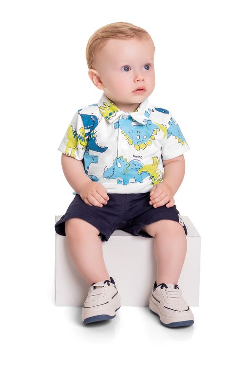 Conjunto com Camiseta Polo e Bermuda para Bebê Menino (Branco) Quimby