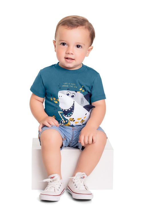 Camiseta em Meia Malha para Bebê Menino (Azul) Quimby