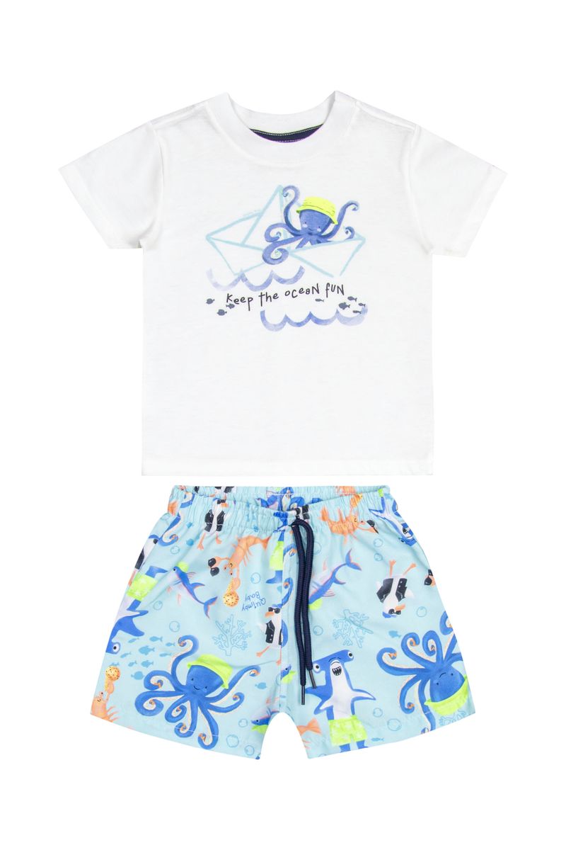 Conjunto-com-Camiseta-e-Bermuda-para-Bebe-Menino--Branco--Quimby