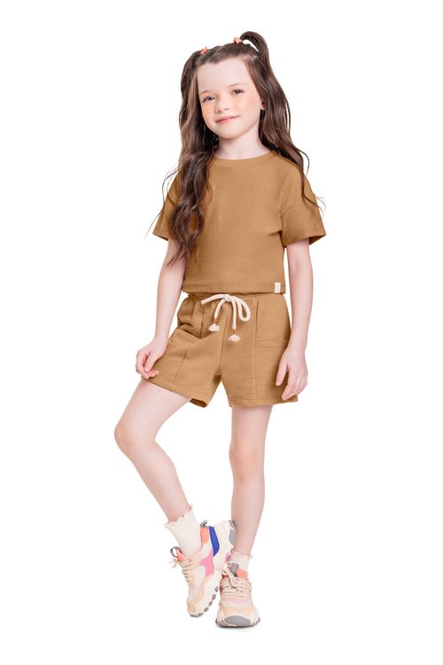 Conjunto Infantil Básico com Cropped e Short para Menina (Marrom) Quimby