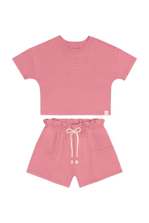 Conjunto Infantil Básico com Cropped e Short para Menina (Rosa) Quimby