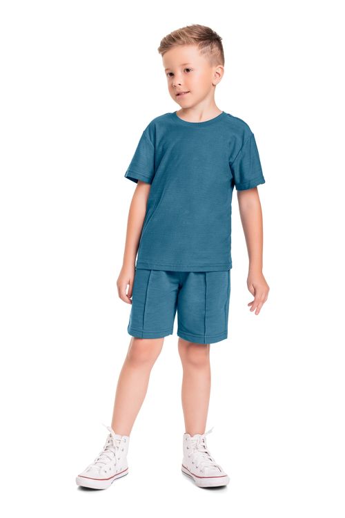 Conjunto Básico Infantil com Camiseta e Bermuda para Menino (Azul) Quimby