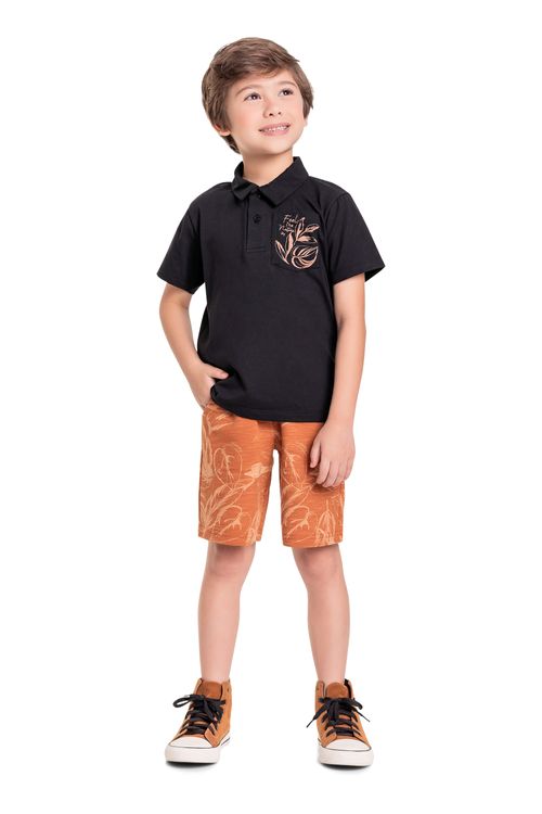 Conjunto Infantil com Camisa Polo e Bermuda para Menino (Preto) Quimby