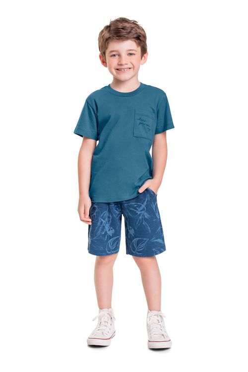 Conjunto Infantil com Camiseta e Bermuda para Menino (Azul) Quimby