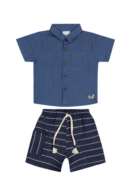 Conjunto com Camisa e Short em Tecido para Bebê Menino (Azul) Quimby