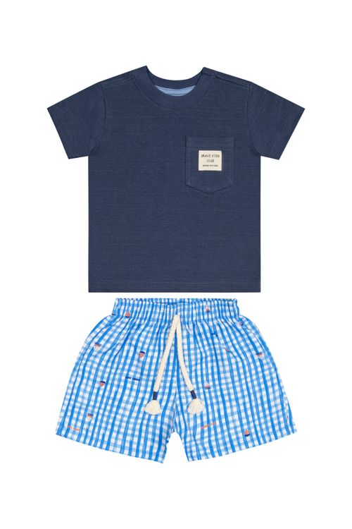 Conjunto com Camiseta e Bermuda Xadrez para Bebê Menino (Azul Marinho) Quimby