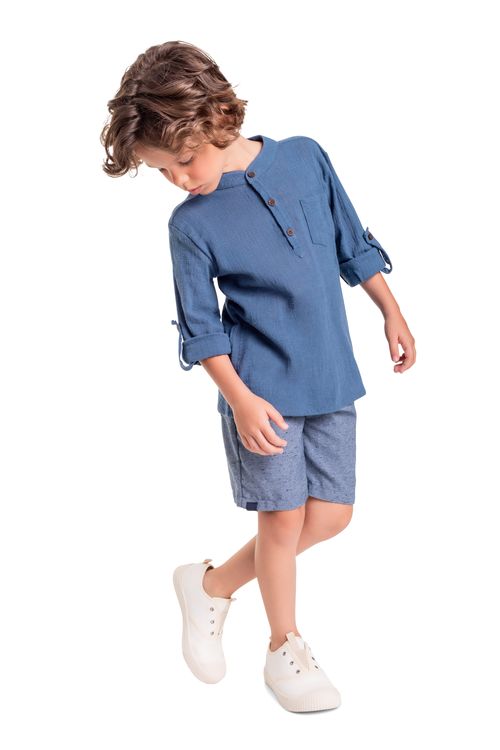 Bermuda Infantil em Tecido Sarjado para Menino (Azul) Quimby