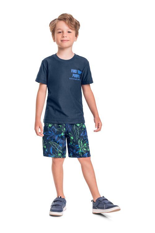 Conjunto Infantil com Camiseta e Bermuda para Menino (Azul Marinho) Quimby