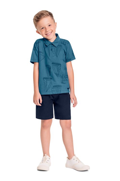 Conjunto Infantil com Camisa Polo e Bermuda para Menino (Azul) Quimby