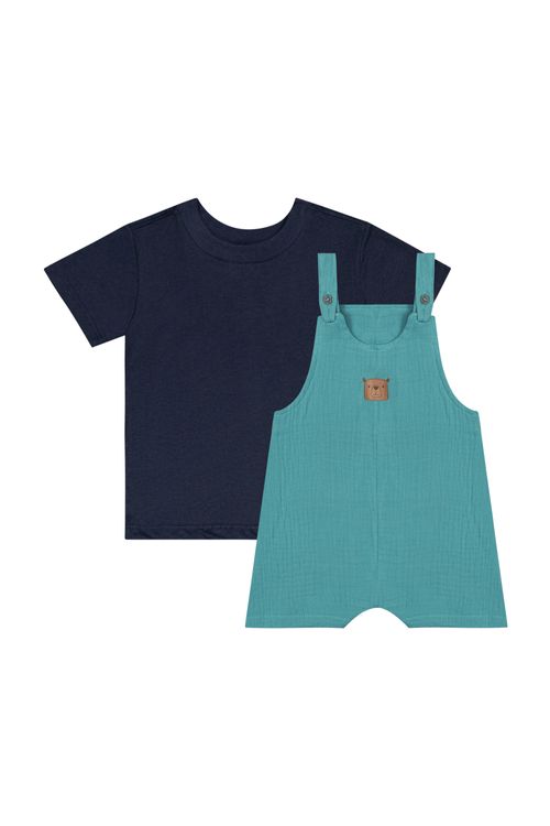 Conjunto com Jardineira e Camiseta para Bebê Menino (Azul Marinho) Quimby