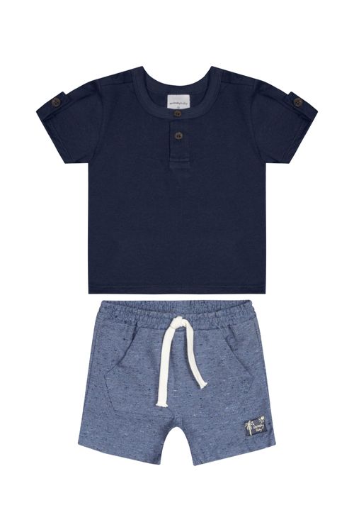 Conjunto com Camisa Portuguesa e Short para Bebê Menino (Azul Marinho) Quimby