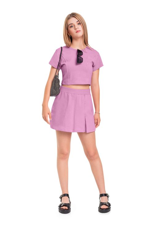 Conjunto Blusa Cropped e Short-Saia em Molecotton (Roxo) Gloss