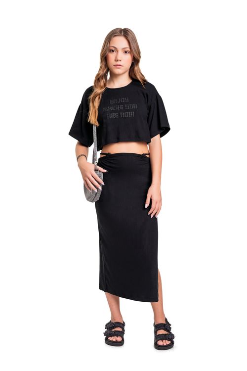 Conjunto Blusa Cropped e Saia Midi em Ribana (Preto) Gloss