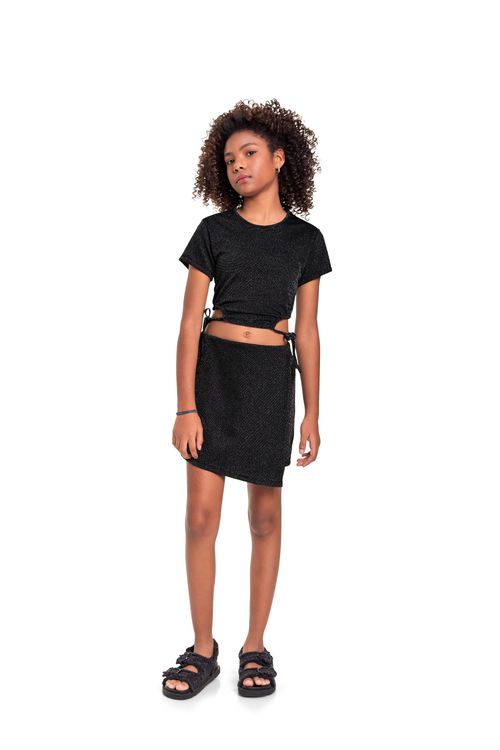 Conjunto Blusa Cropped e Short-Saia em Malha Lurex Juvenil (Preto) Gloss