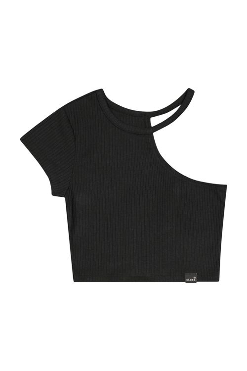 Blusa Cropped Básica em Ribana Canelada Juvenil (Preto) Gloss