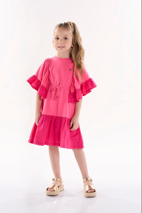 Vestido Infantil em Tricoline e Meia Malha (Rosa Pink) Up Baby