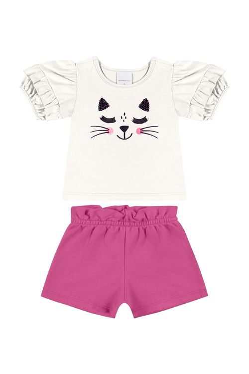 Conjunto com Blusa e Short de Gatinho para Bebê Menina (Off White) Quimby