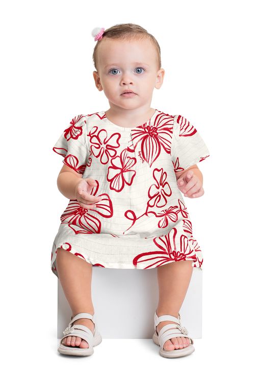 Vestido Floral em Viscose para Bebê Menina (Vermelho) Quimby