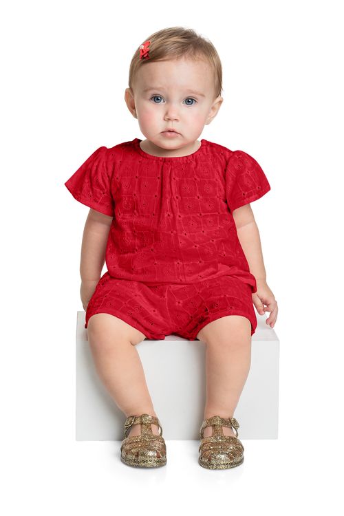 Conjunto com Blusa e Short em Laise para Bebê Menina (Vermelho) Quimby