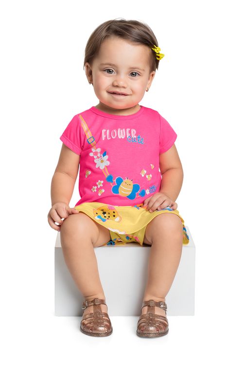 Conjunto com Blusa Brilhante e Short-Saia para Bebê Menina (Rosa Pink) Bee Loop