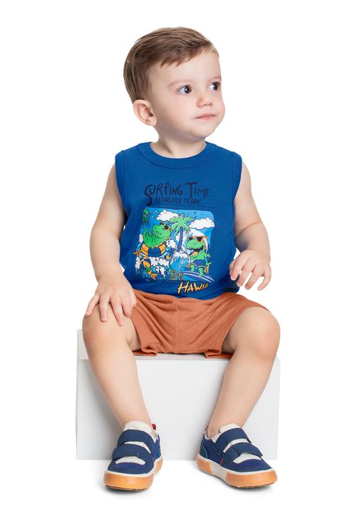 Conjunto com Regata de Dinossauros e Bermuda para Bebê Menino (Azul) Bee Loop