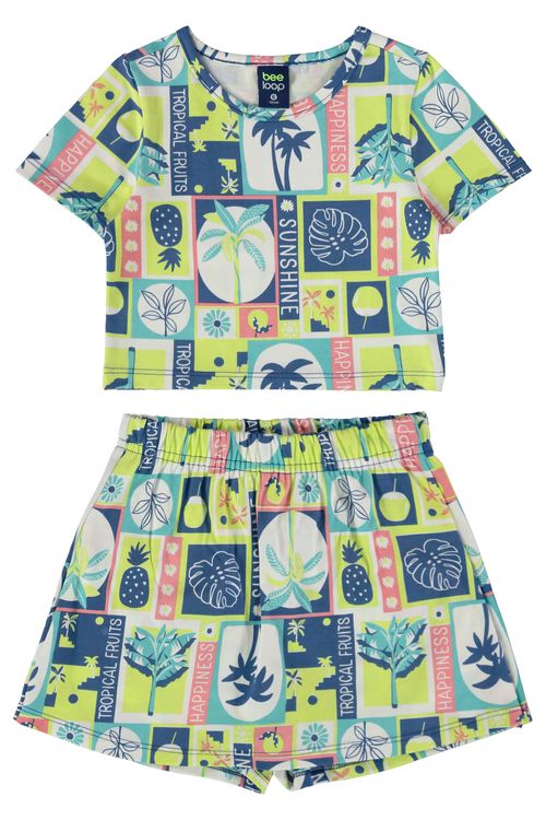 Conjunto com Blusa Cropped e Short-Saia para Menina (Azul) Bee Loop