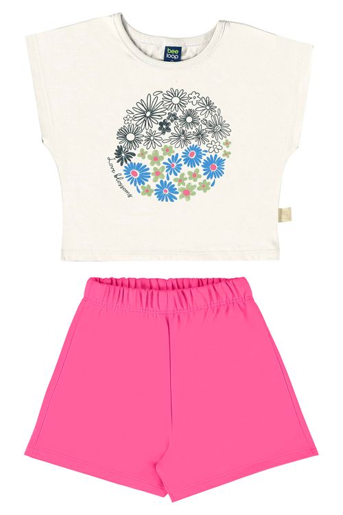Conjunto com Blusa Cropped e Short para Menina (Off White) Bee Loop
