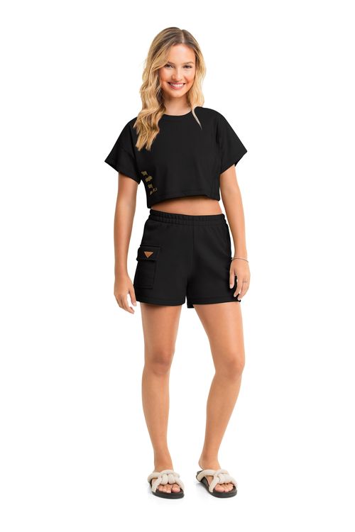 Conjunto Juvenil com Blusa Cropped e Short (Preto) Gloss