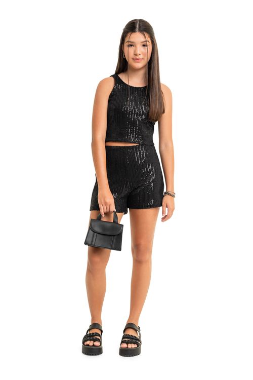 Conjunto Juvenil de Paetê com Top Cropped e Short (Preto) Gloss