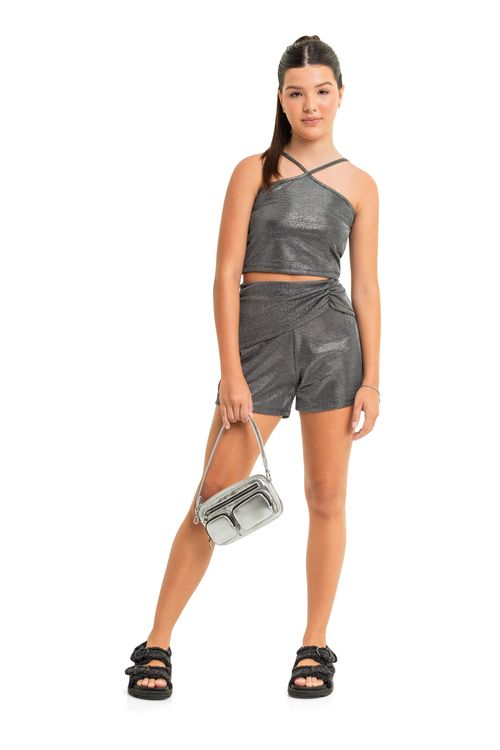 Conjunto com Top e Short Juvenil com Brilho (Prata) Gloss