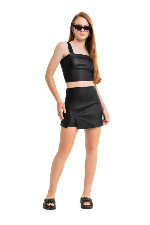 Conjunto com Top Cropped e Short-Saia Juvenil em Tecido (Preto) Gloss