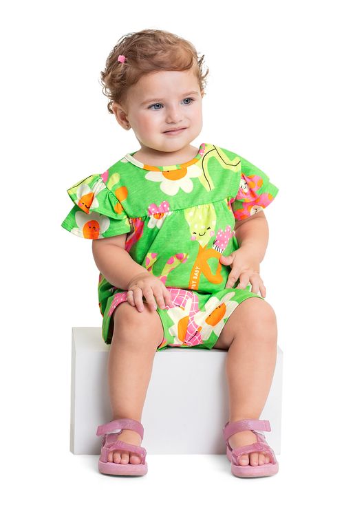 Conjunto com Bata e Short Floral para Bebê Menina (Verde) Quimby