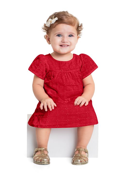 Vestido em Tecido Laise para Bebê Menina (Vermelho) Quimby