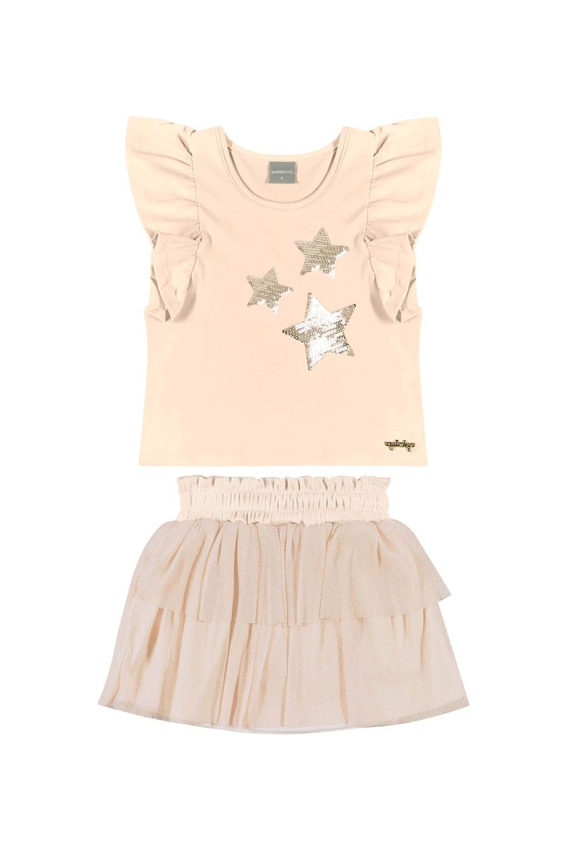 Conjunto-com-Blusa-e-Short-Saia-com-Tule-para-Menina-Bege