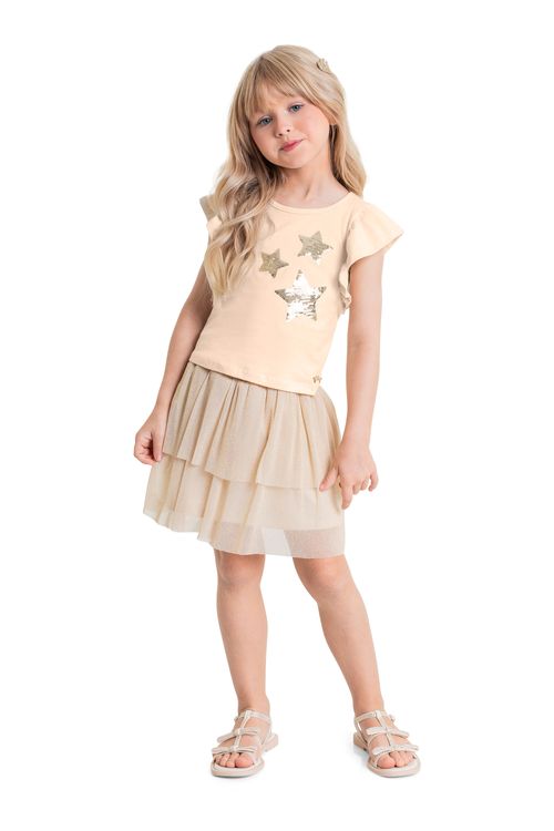 Conjunto com Blusa e Short-Saia com Tule para Menina (Bege) Quimby