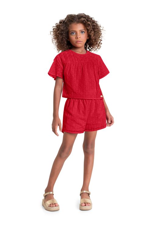Conjunto com Cropped e Short em Laise para Menina (Vermelho) Quimby